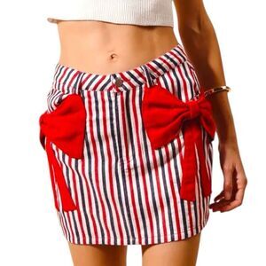 Denim Mini Skirt Patriotic Red, White, Blue Striped Bow Knot Pocket XL | SO ME